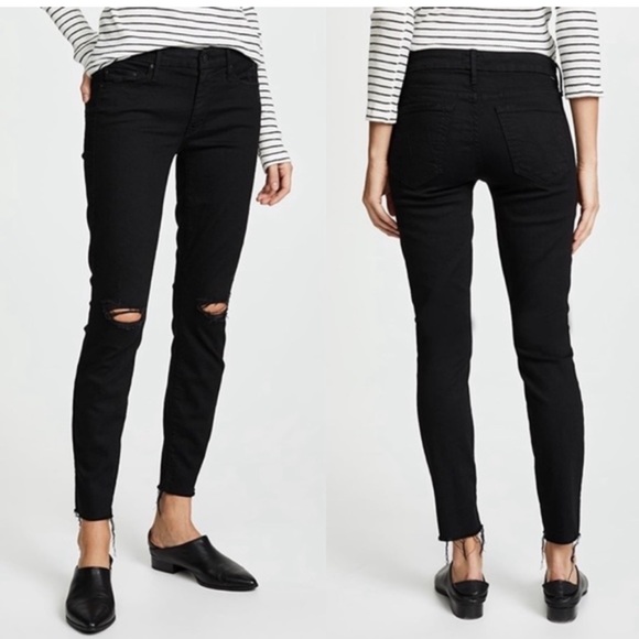 Mother The Looker Ankle Fray Guilty As Sin Black Distressed Denim Jeans 25 - Picture 1 of 11